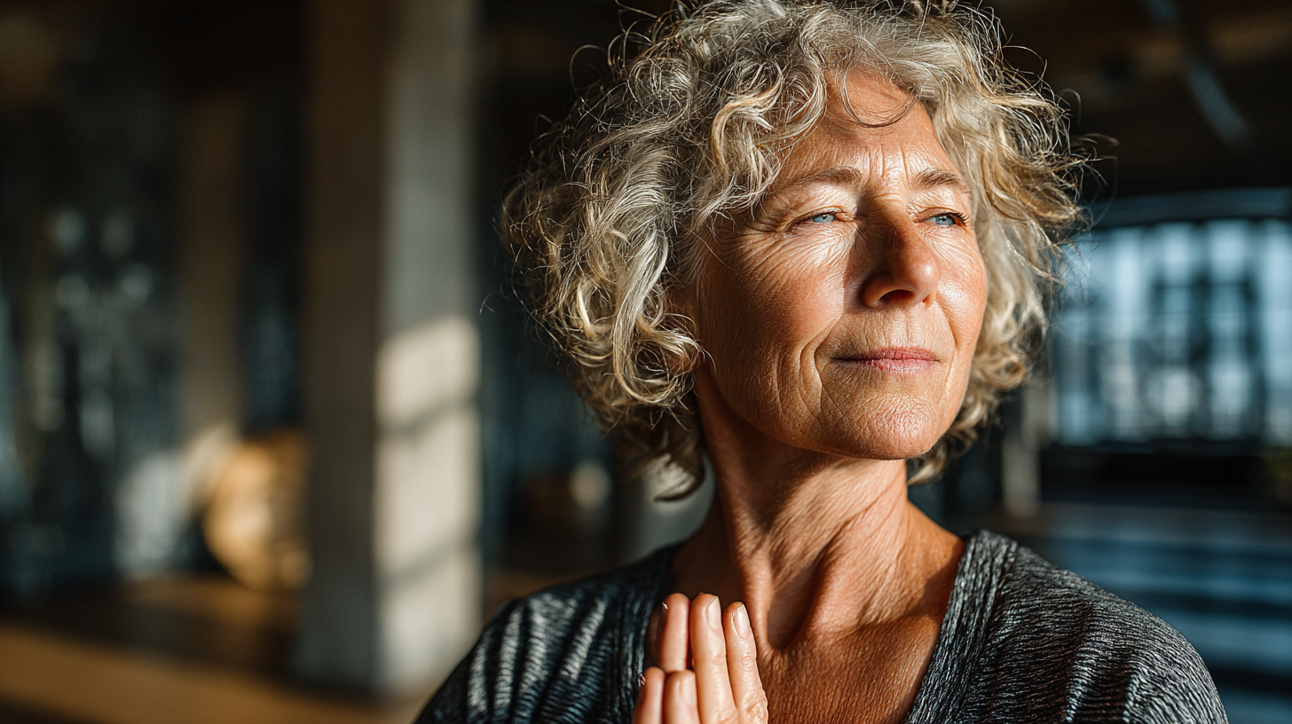 Skupina seniorov praktizujúcich jogu v pokojnom prostredí